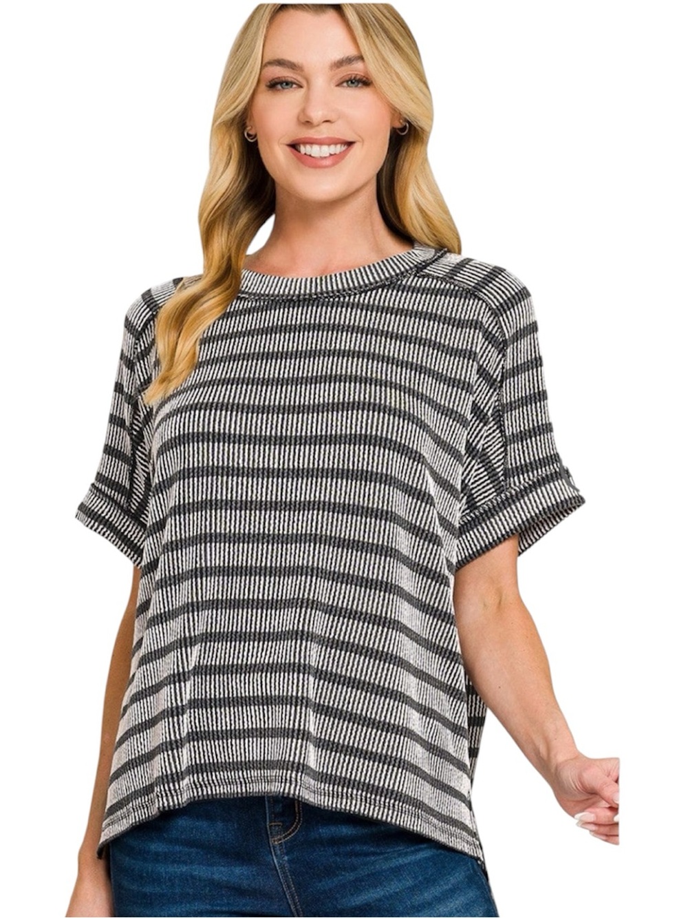 Zenana HUNTER GREEN and White Striped Short Sleeve Knit Top New Size S/M NEW